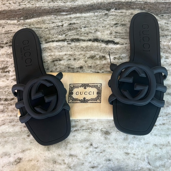 Gucci Shoes - Gucci Black Rubber GG Logo Slide Sandals